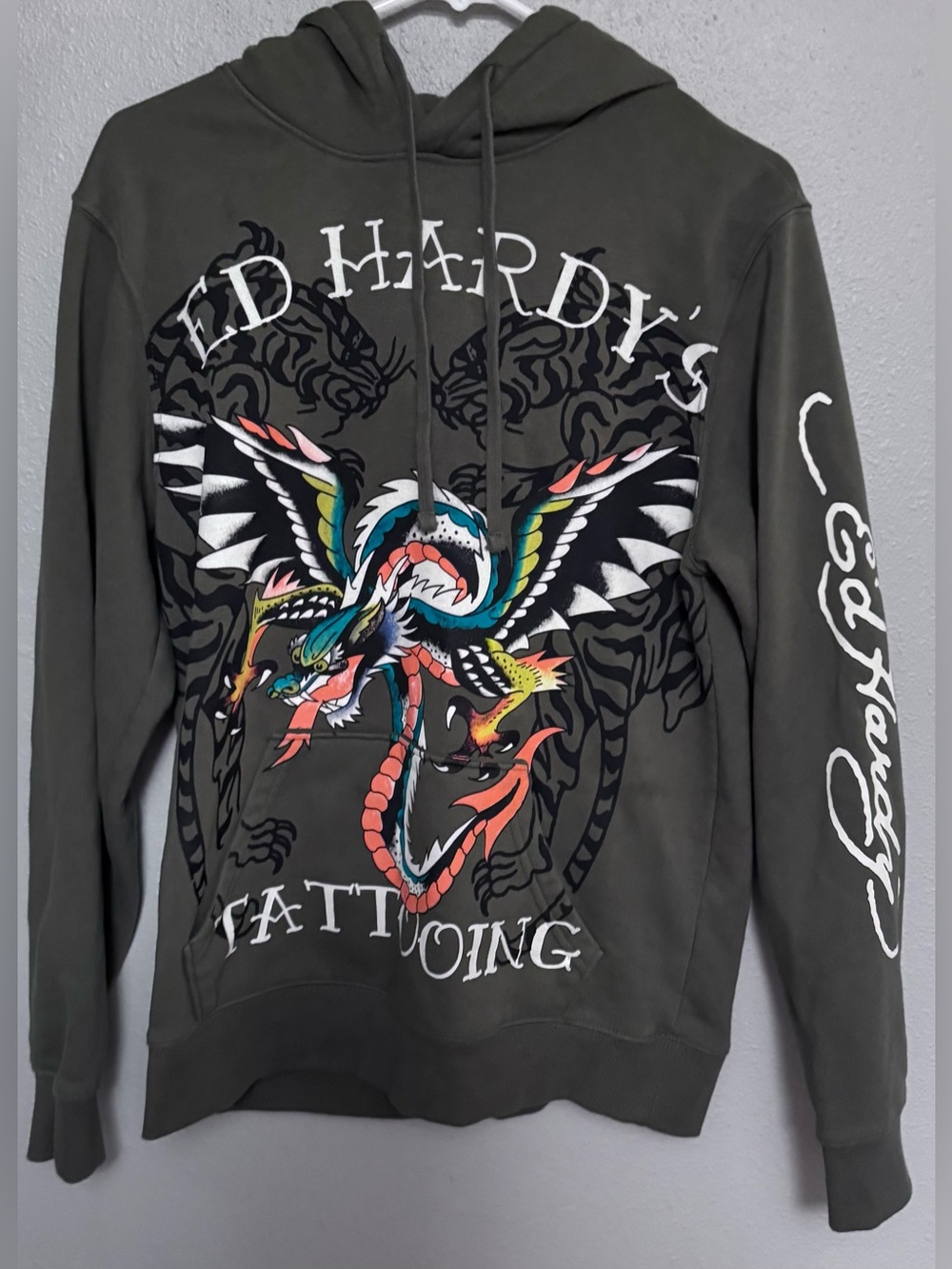 Ed Hardy Olive Green Pullover Hoodie with Multicolor Tattoo Dragon Wings Graphic